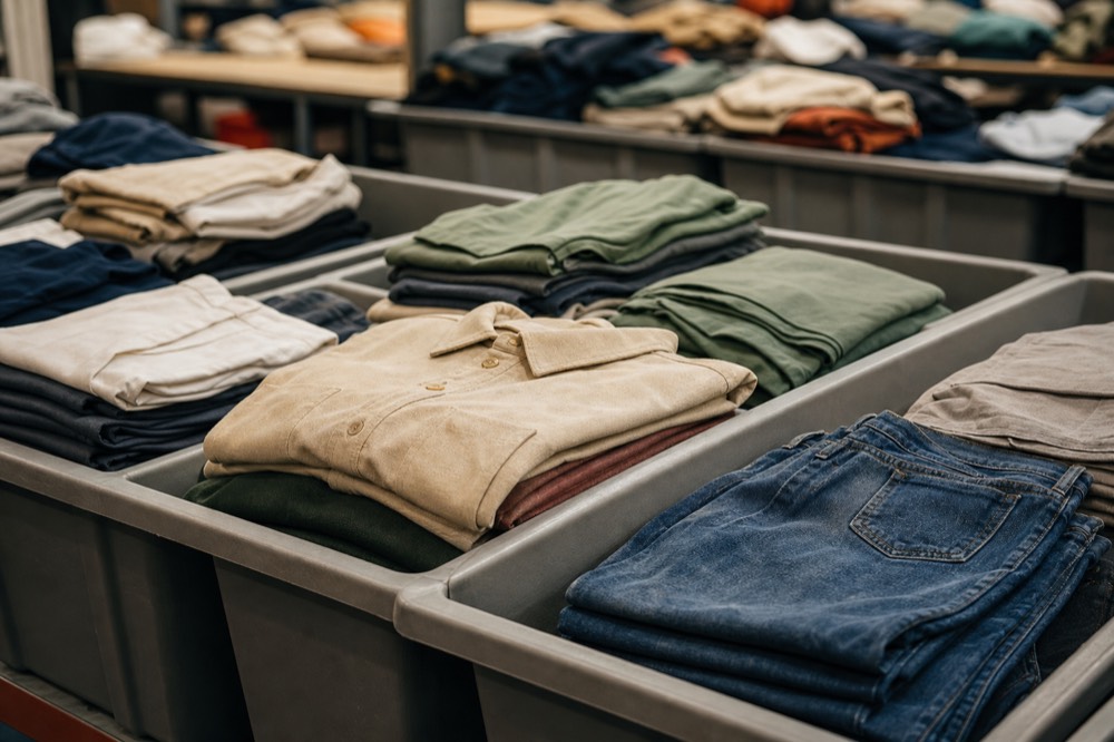 Neatly sorted second-hand clothing organised by type on a grading table