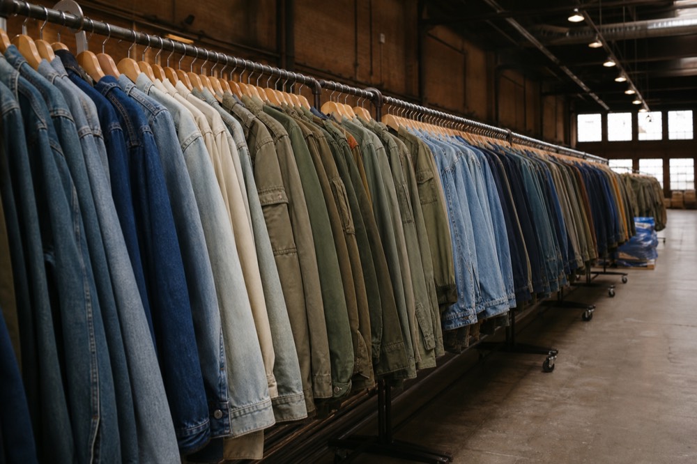 A rack of vintage denim and military-style jackets in the warehouse