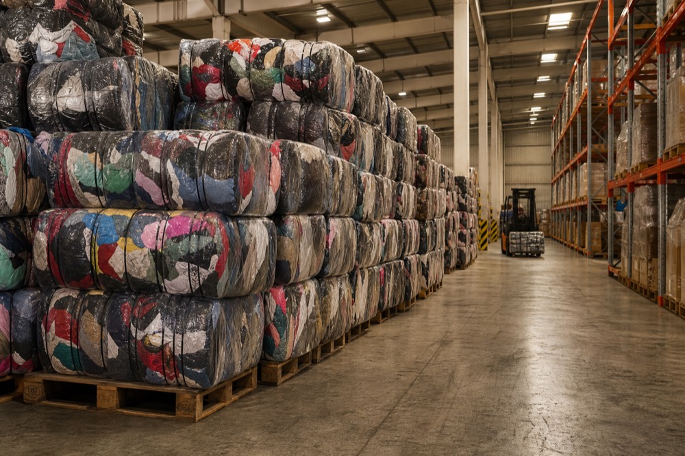 Compressed bales of recycled used clothing stacked inside the American Star Clothing warehouse in Houston